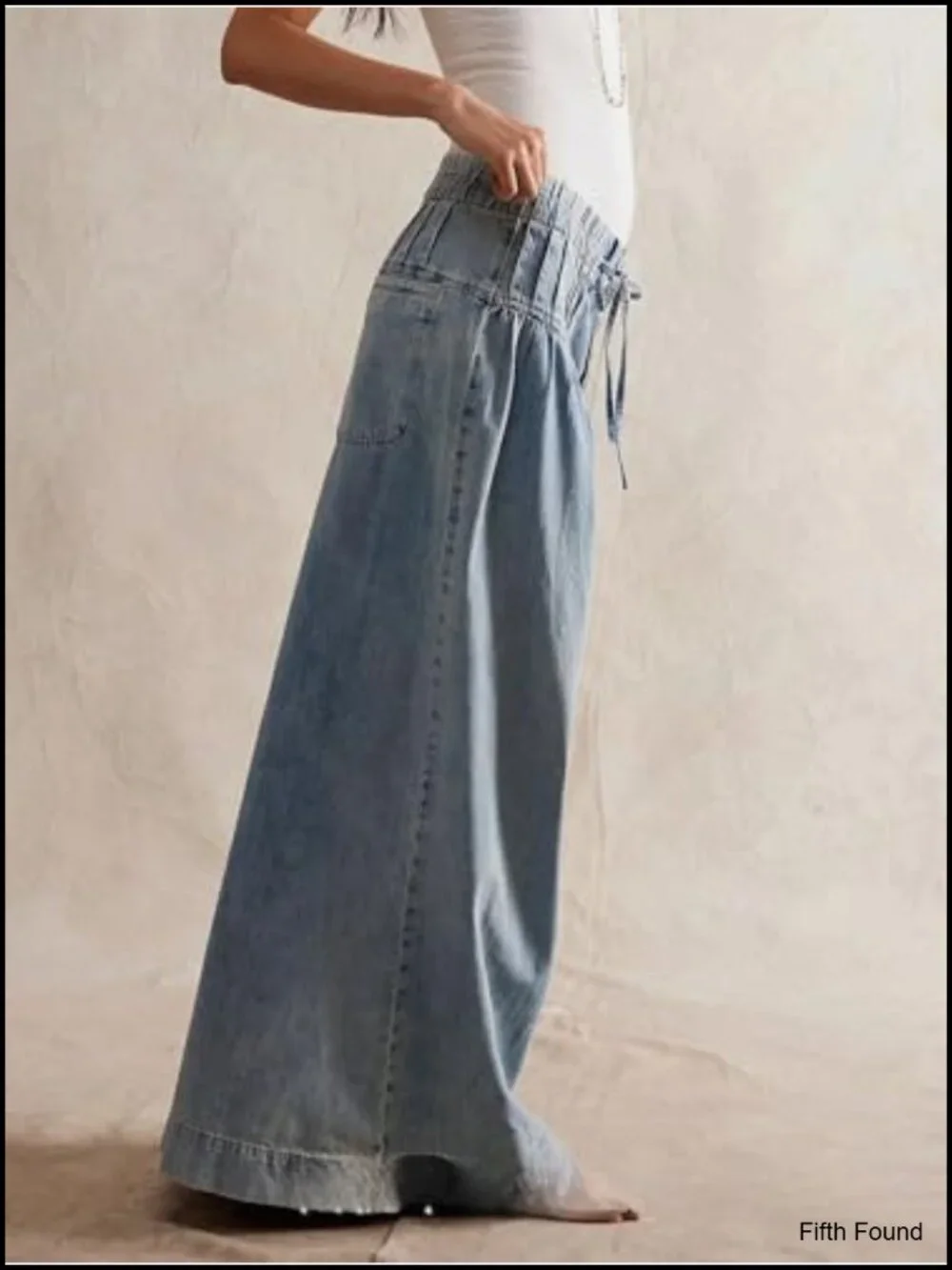 Baggy Wide Leg Denim Pants Drawstring Midi Waisted Flare Jeans Ruffle Pleated